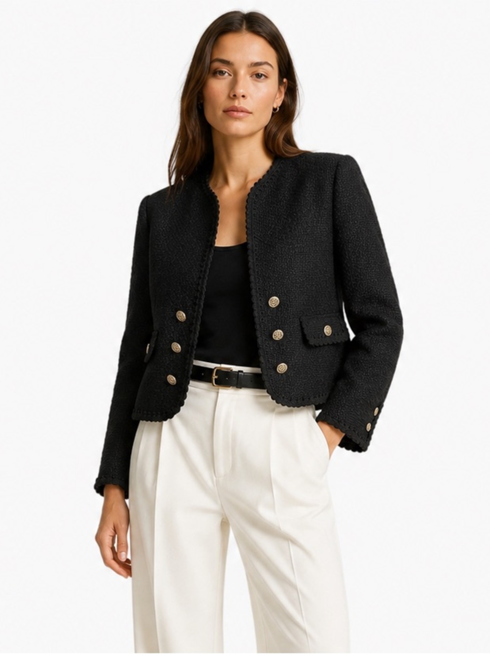 ZARA Black Textured Tweed Jacket Cropped Gold Button Collarless Blazer Size XS
